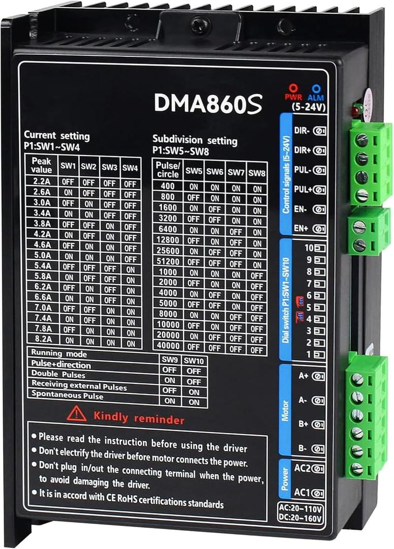 CNC DMA860S Digital Stepper Driver AC18-110V and DC18-160V,8.2A,256 Microstep ,2-Phase Stepper Motor Controller , Nema23 Nema24 Nema34 Stepper Motor Driver for CNC Router Engraving Machine