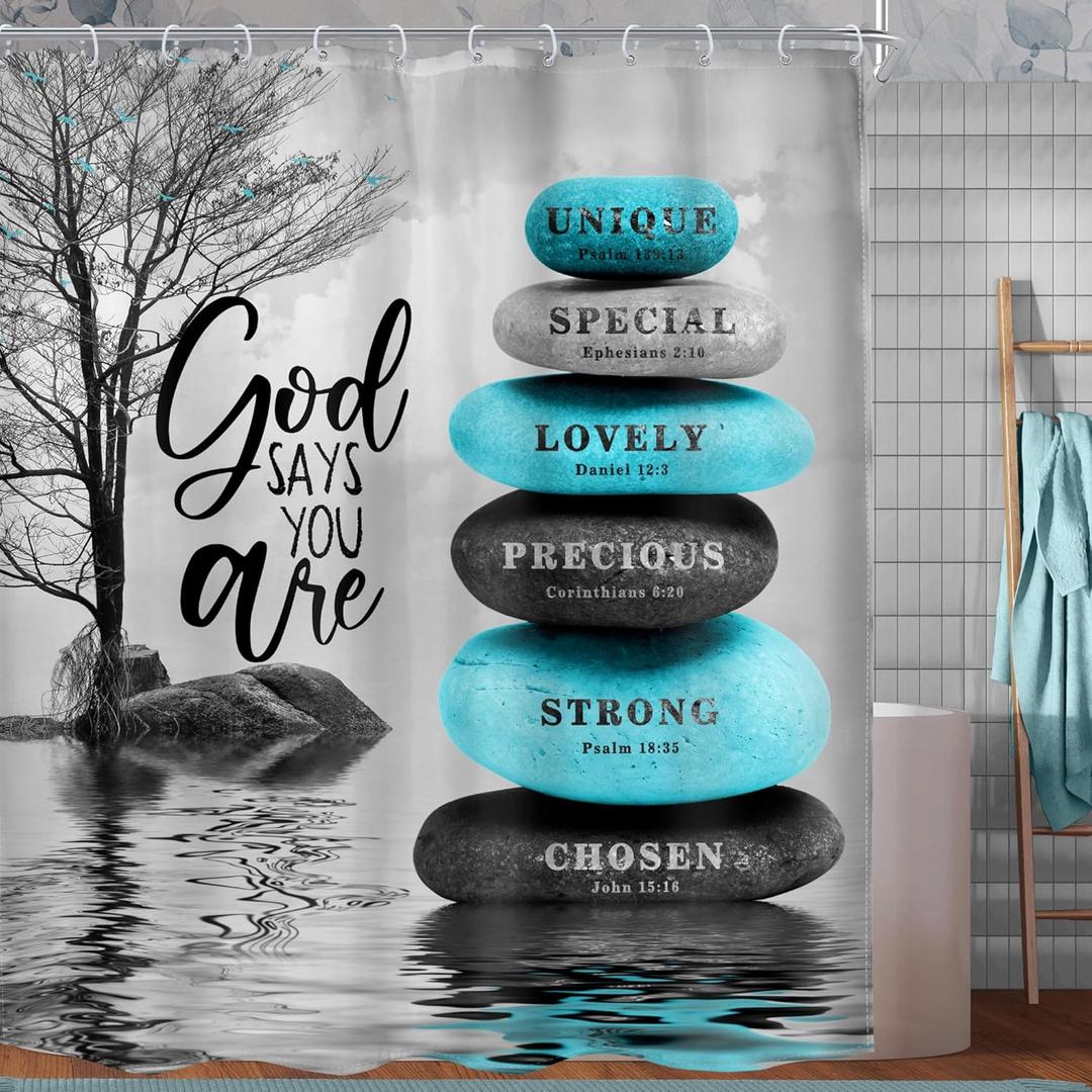 MESHELLY Zen Teal Bible Verse Shower Curtain 60Wx72H Gray Tree Scriptures Positive Spa Yoga Relaxing Meditation Christian Quotes Bathroom Curtain Inspirational Bathroom Decor Fabric with 12 Hooks