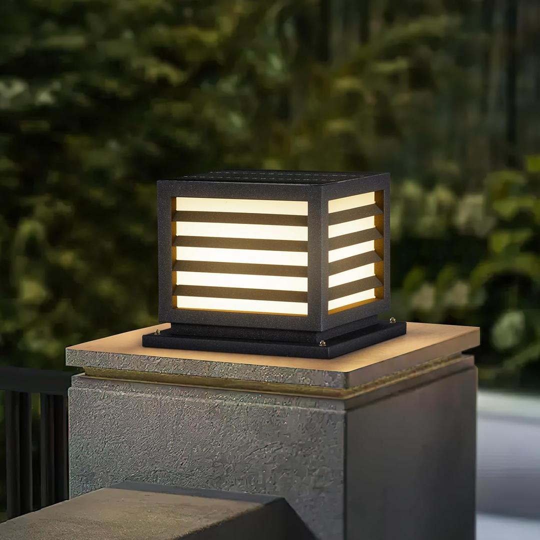 Solar Post Light, 9.84" Pillar Light Outdoor Waterproof Modern Column Lamp Outside Gate Posts Cap Lantern 3000K LED Lighting Fixture for Flat Surface Patio Garden Driveway Decoration