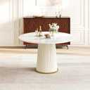 KEIKI 43.3" Round Dining Table for 4-6, Modern Kitchen Table with Glossy Sintered Stone Top, Pleated PU Leather Iron Pedestal, Adjustable Feet, White