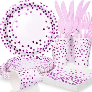 Purple Birthday Plates Decorations Party Supplies,168PCS Disposable Plates for 24 Guests - Purple Polka Dots Decorations for Birthday, Retirement, Wedding