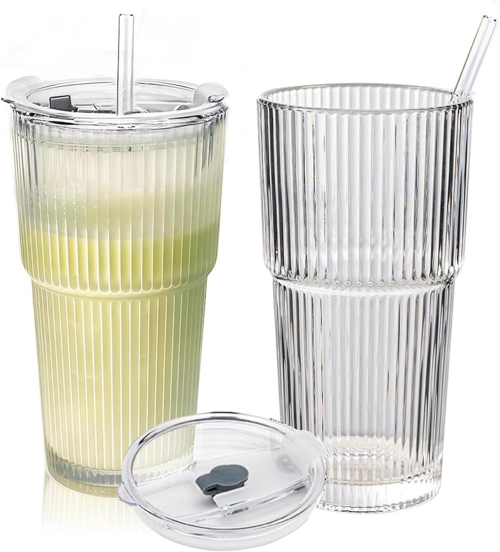 20 Oz Matcha Cup With Straw, Glass Cups With Lids And Straws Set Of 2 Iced Coffee Cups With Lids For Iced Latte Coffee Smoothie, Glasses Go to Cups
