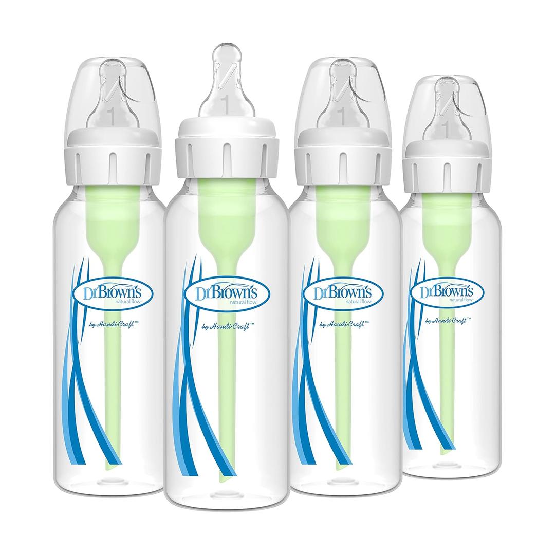 Dr. Brown's Natural Flow Anti-Colic Options+ Narrow Baby Bottle, 8 oz/250 mL, with Level 1 Slow Flow Nipples, 0m+, 4 Pack (4 Pack, 8oz, Clear)