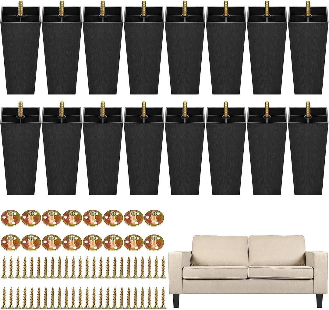 TURSTIN 16 Pack 8 Inch Furniture Legs Plastic Sofa Couch Legs Square Tapered Feet Sofa Legs with M8 T-Nuts Screws for Legs Sofas Chairs Cabinets Dressers Beds, Black