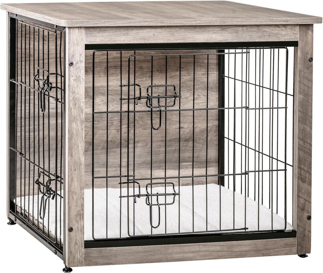 DWANTON Dog Crate Furniture with Cushion, Wooden Kennel Table with Double Doors, Indoor Dog House, Small/Medium/Large/Extra Large Size, 27.2" L, Greige (27.2"L x 20.1"W x 23.6"H)