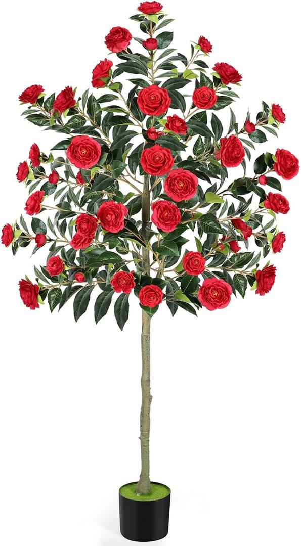 PINPON 6FT Artificial Camellia Flowers Tree, Fake Plant Plastic Potted with Faux Greenery Leaves Outdoor Indoor Home Decor for Livingroom Garden Patio Yard Office, Red