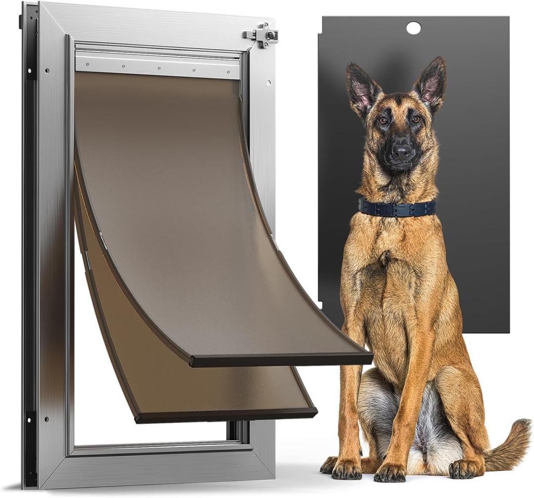 All Aluminum Dog Door, Rust Proof Heavy Duty Large Dog Door for Exterior Doors, Doggy Door with 2 Magnetic Flaps, Energy Efficient, Closing Panel, Pet Door for Pets Up to 110Lb