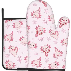Cute Cartoon Axolotl Oven Mitts and Pot Holders Heat Resistant Oven Mitts Safe for Baking Cooking BBQ
