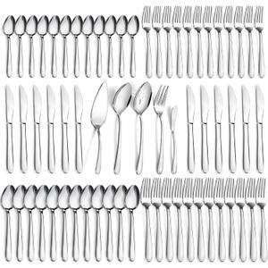 Pleafind 65-Pieces Silverware Set for 12 with 5 Serving Utensils,Stainless Steel Cutlery Set, Include Forks Spoons and Knives Set, Mirror Polished Utensil Sets for Home Restaurant,Dishwasher Safe
