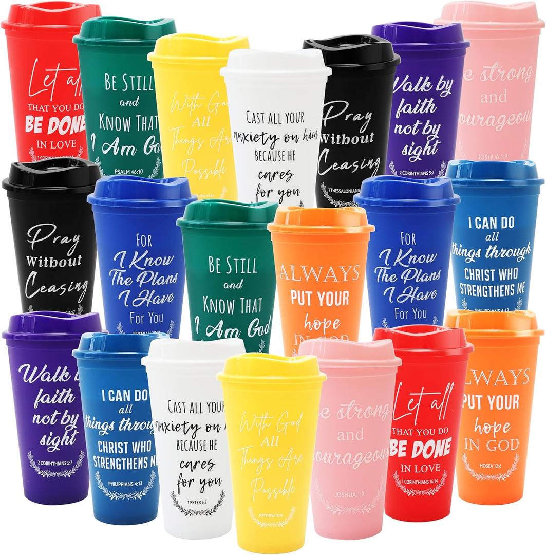 20 Pack Christian Gift Bulk Reusable Christian Coffee Mugs 16 oz Colorful Bible Verse Plastic Tumblers with Lids Travel Coffee Cup for Cold Drinks Bulk Religious Gifts for Men Women (colorful)