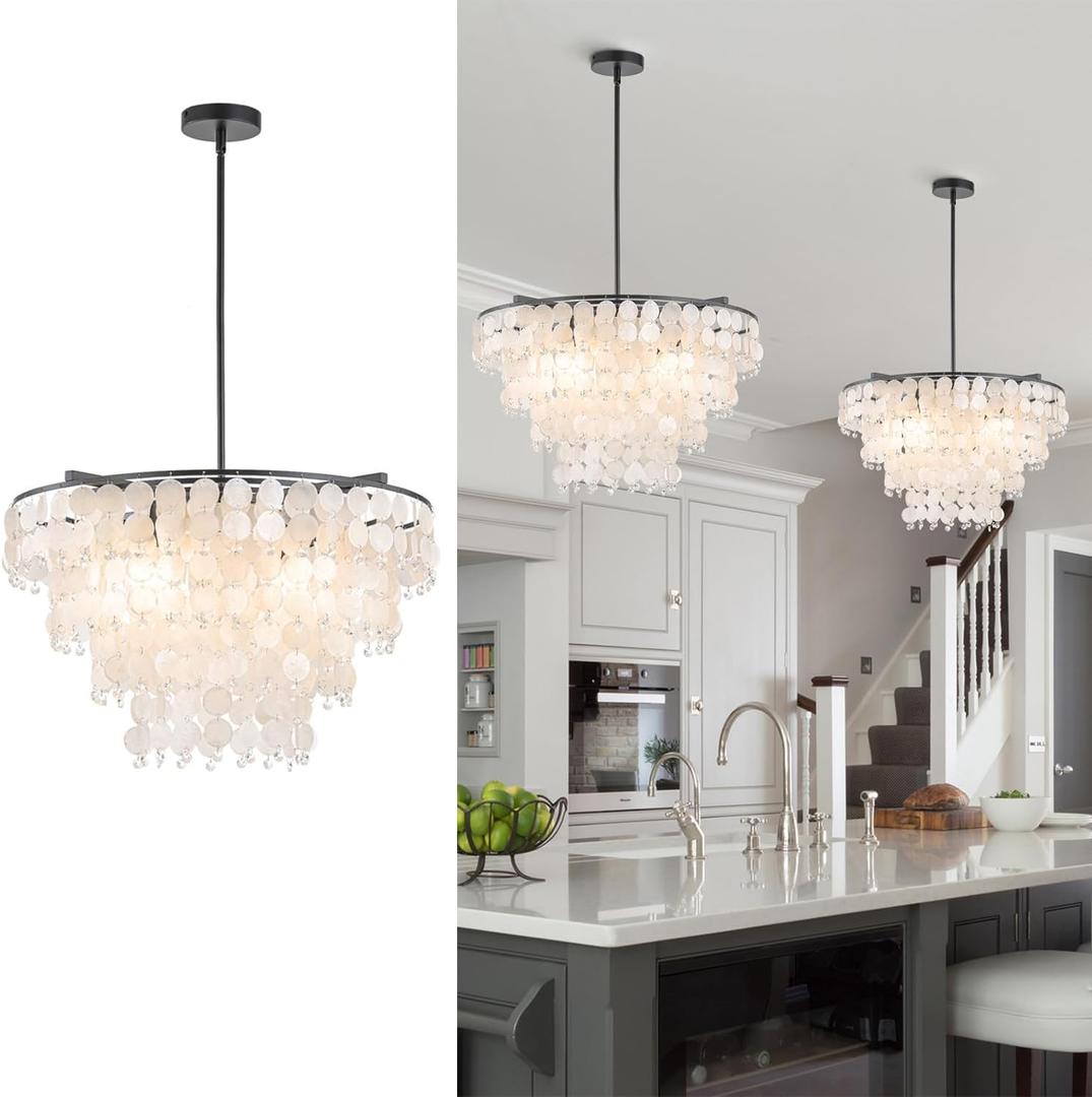 Natural Capiz Shell Chandelier, Coastal Modern Chandelier, Hanging Round Layered Pendant Lighting, (4 Light, Black)