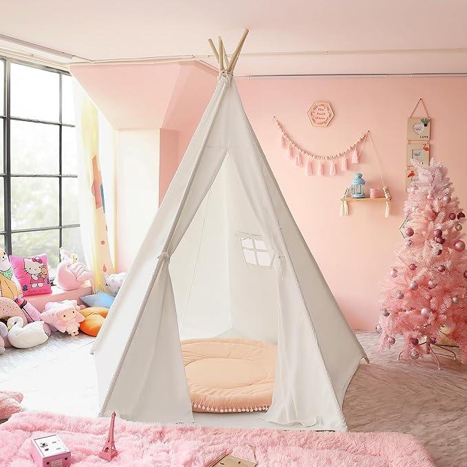 CO-Z Larger 85" H Kids Teepee Play Tent, 2.1m Large Indoor Canvas Teepee Tent for Adults, Tall Foldable Teepee Outdoor, 5 Sides Party Picnic Wedding Teepee Tent with Storage Bag | 2.1m Large Indoor Canvas Teepee, cotton with pine poles, 5 sides, floor cushion, fits 3 kids, for indoor outdoor party picnic