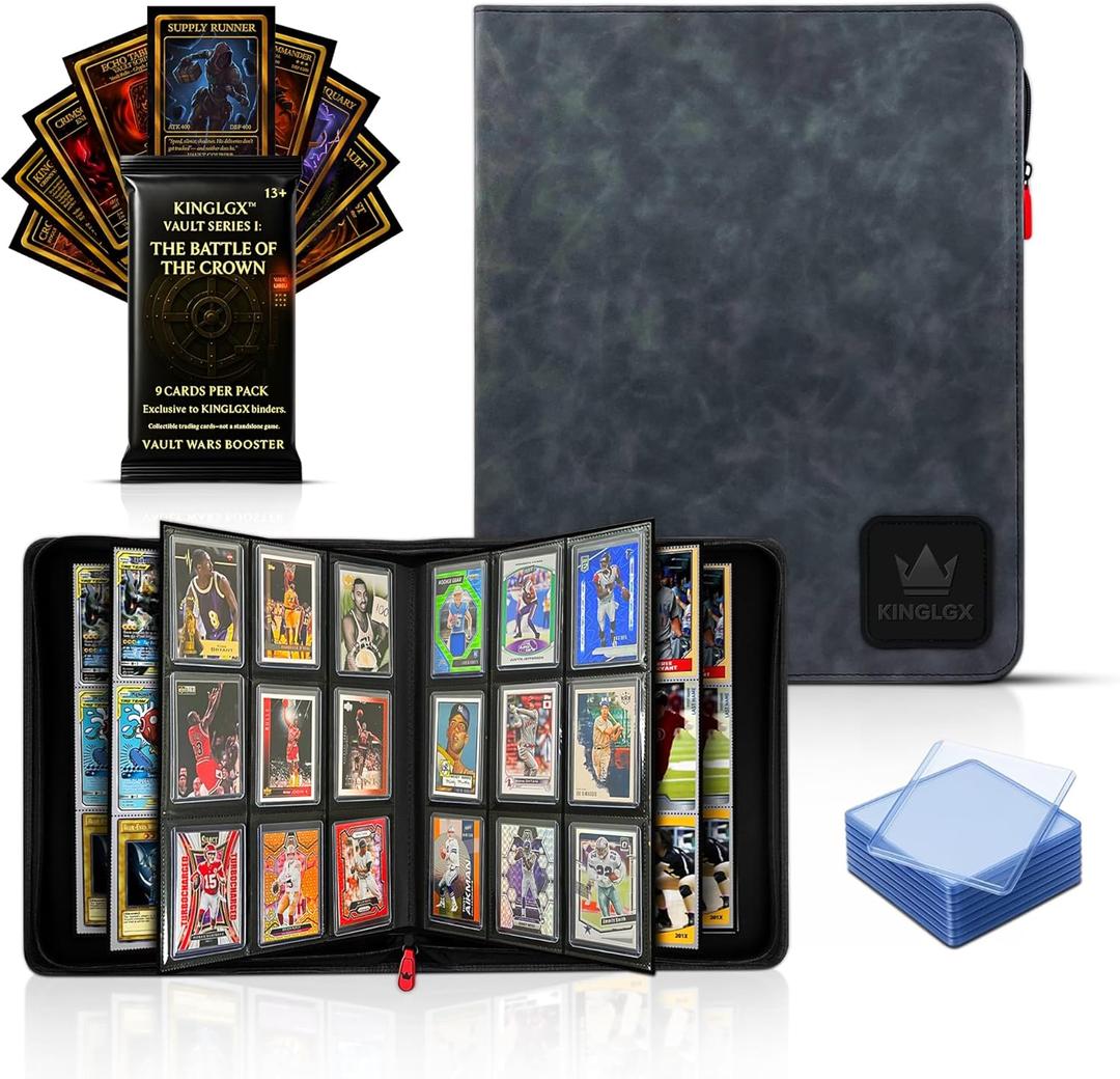 Top Loader Binder – Includes 9 Card KINGLGX Booster Pack -  Holo, Holds 252 Toploaders, Rigid 9-Pocket Pages, Premium Zippered Collector Binder for Pokémon, Sports Cards & TCG