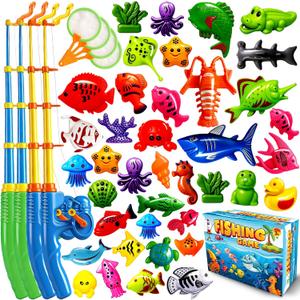 CozyBomB Magnetic Fishing Toys Game Set for Kids | Water Table Bathtub Kiddie Pool Party Pole Rod Net, Outdoor Plastic Floating Fish, Toddler Bath Color Ocean Sea Animals Easter Gift Age 3-5 6 4-8
