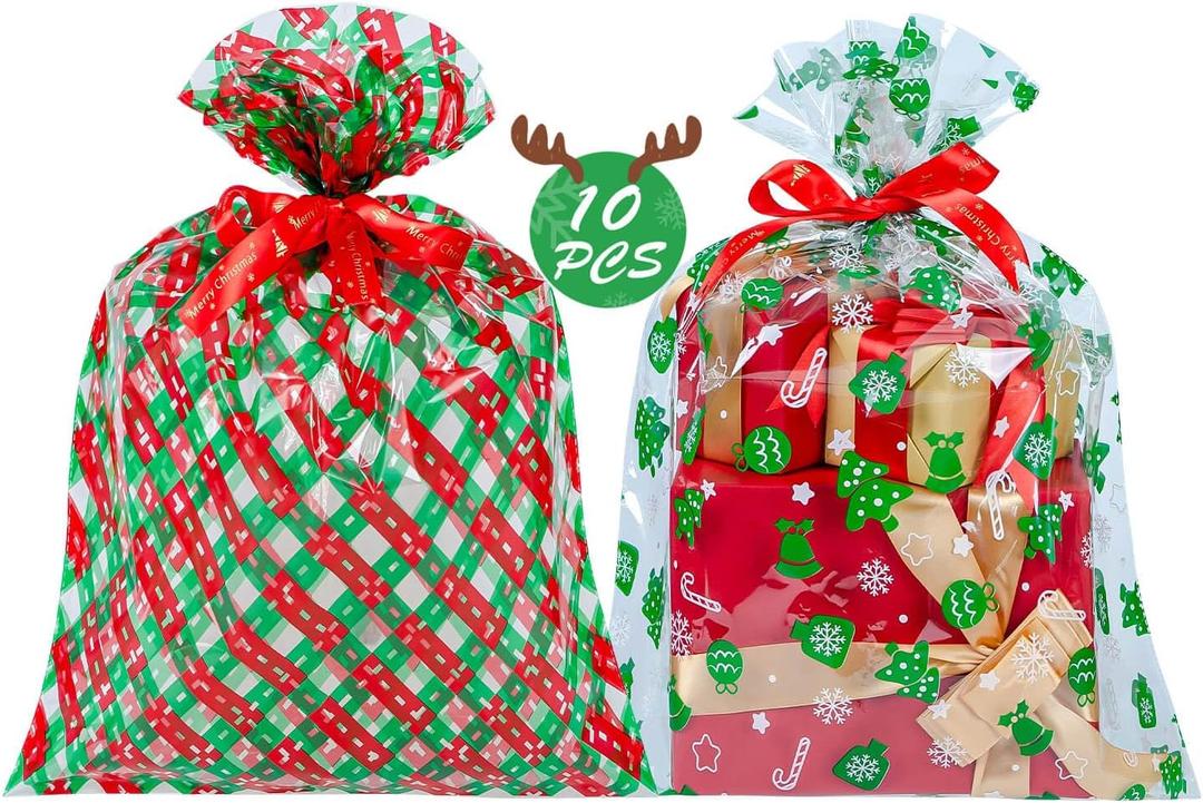 CubesLand Christmas Cellophane Gift Bags for Wrap Gift Basket, Christmas Clear Cellophane Wrap Bags 17.71"x23.62"Large 3 Mil Thick Crystal Gift Basket Bag, Party Favors Bag, 10PCS