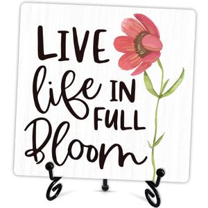 Spring Decor Sign, Live Life In Full Bloom Wooden Sign With Metal Stand, For Home Bedroom Office Desk Shelf Table Decor, Spring Gifts For Family Friend Coworker, A34