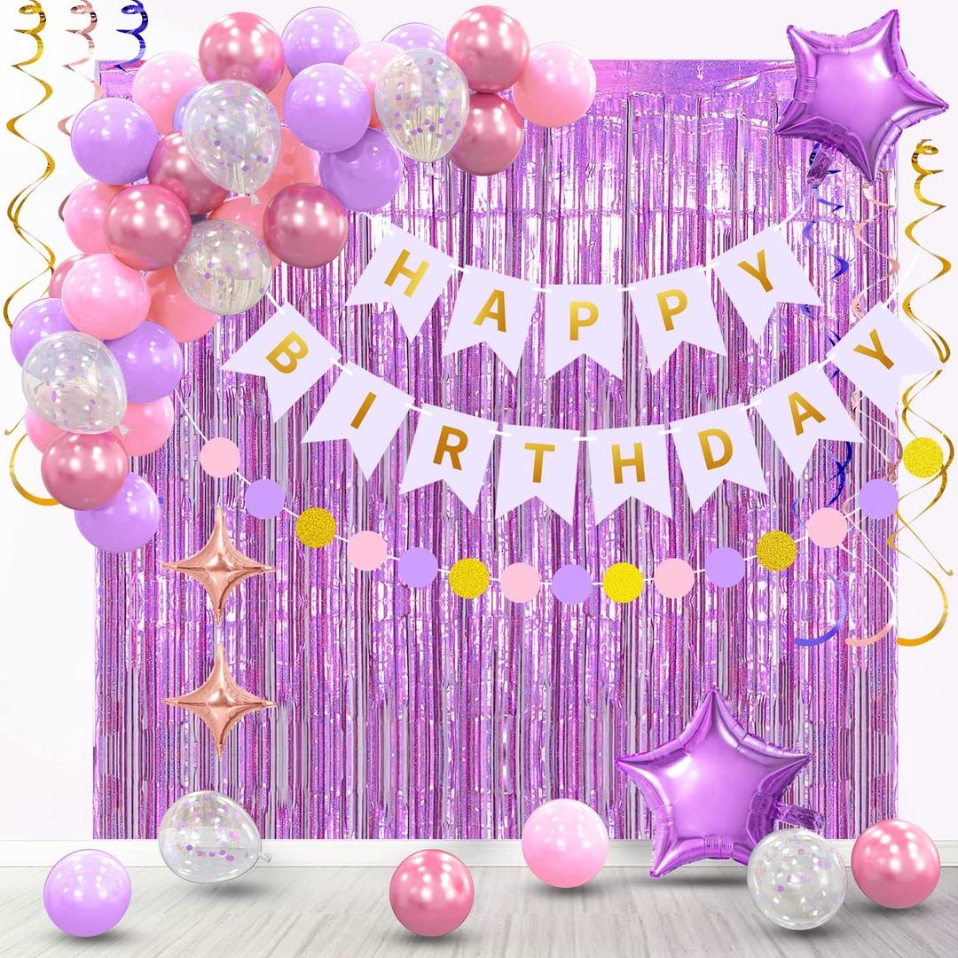 Purple Birthday Party Decorations for Girls Women - Purple Happy Birthday Banner Package With Foil Curtain Backdrop, Pink Purple Balloons Kit Set for Kids Ladies Her Adult Party Decor. Supplies.