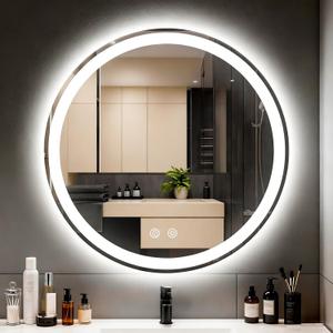 LTFUUAI 24" Round LED Bathroom Mirror with Lights, Smart Touch 3-Color Dimming Lighted Vanity Mirror wall Mounted, Anti-Fog Shatterproof with Front & Back Light, for Bathroom Vanity