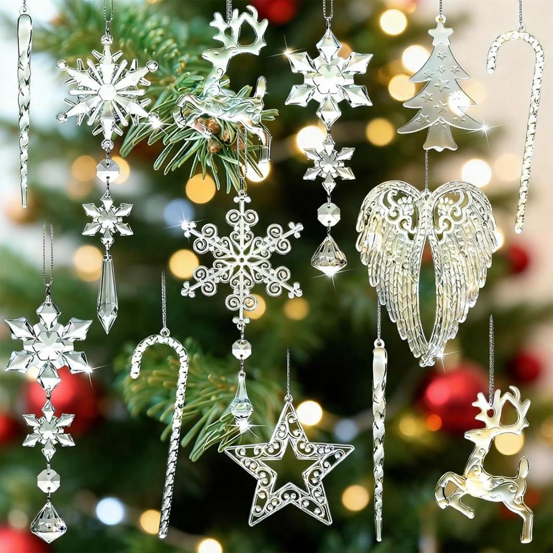 20Pcs Christmas Tree Decorations Crystal Ornaments, Snowflake Angel Wings Icicle Hanging Ornaments for Xmas Tree, Clear Acrylic Ornaments for Christmas Winter Holiday Decor