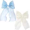 2Pcs Large Hair Bow Clips, Blue White Silk Yarn Ribbon Bow Hair Barrette for Women, Elegant Long Tail Bowknot French Hair Accessories for Wedding, Parties, Festivals