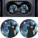Car Cup Holder Ceramic Coasters 2 Pack, 2.56 in Anti Slip Absorbent Coaster with Cork Base and Finger Notch, Funny Cute Car Accessories Interior for Women, Black Cat