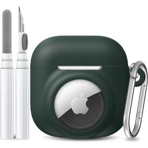 2 in 1 Silicone Case Compatible with AirPod 4 and AirTag 2/1, Shockproof Protective Skin Cover for AirPods 4th Generation with Cleaner Kit & Carabiner (Dark Green)