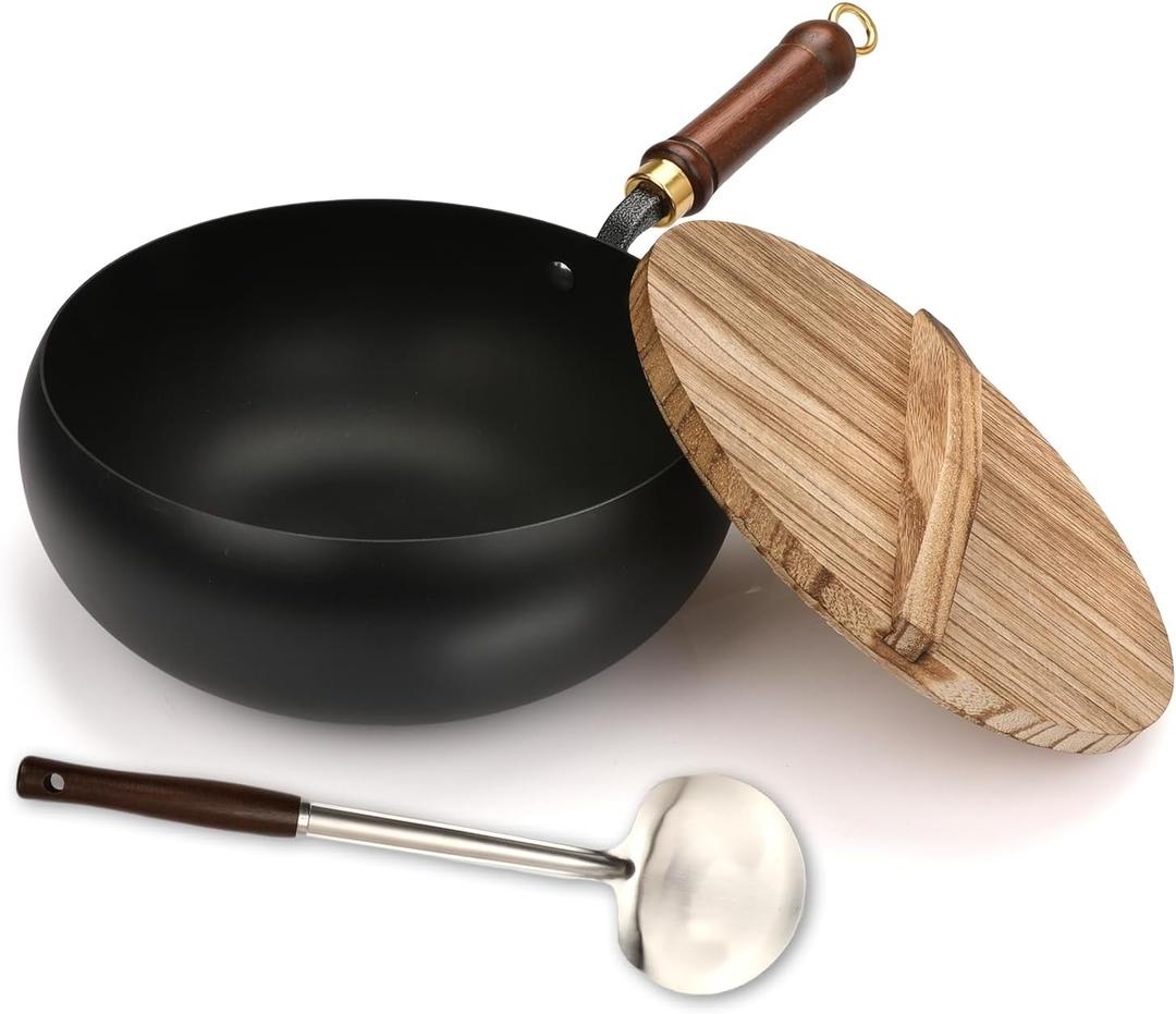 Suntuup Japanese Iron Pan, Uncoated Iron Pan, 11 Inch Suntuup japanese iron frying pan Non-Stick IronPan for Cooker Gas Stir Fry Pans with Lid Spatula Durable and Rust-Free (Wooden Lid, 11.02in)