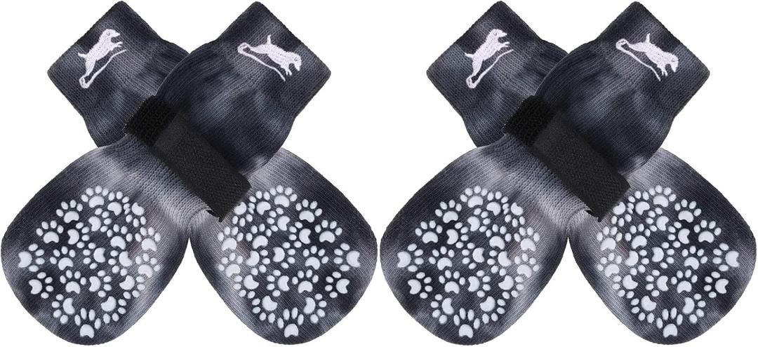 EXPAWLORER Anti Slip Dog Socks to Prevent Licking Paws, Dog Shoes for Hot Pavement, Dog Booties for Small Medium Large Senior Dogs, Traction Control Dog Boots & Paw Protectors for Hardwood Floors (Large (4 Count), Tie-dye BalckWhite)