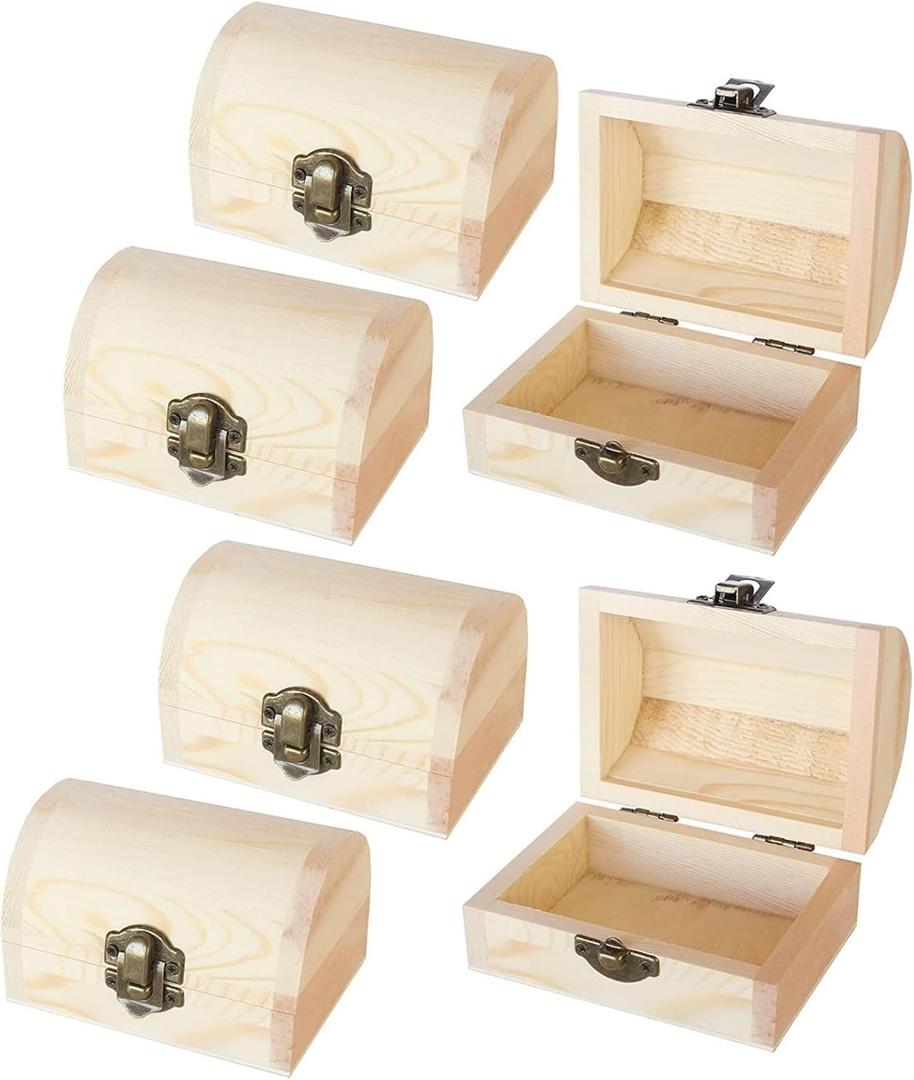 Juvale 6 Pack Small Wooden Boxes for Crafts with Hinged Lids & Front Clasp Unfinished Paintable Treasure Boxes for Arts & Crafts, Halloween & Pirate Party - 2.76 x 3.9 x 2.36 Inches Treasure Chest Set