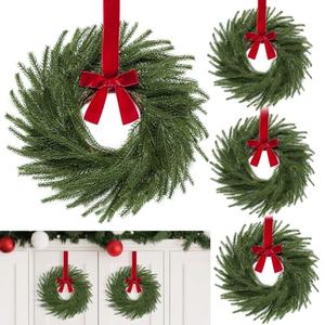 4 Pack 11 Inch Mini Christmas Wreath Small Christmas Kitchen Cabinet Wreaths with Red Velvet Bow Artificial Norfolk Pine Wreath Outdoor Christmas Wreaths for Windows Door Chairs Wall Stairs Home Decor