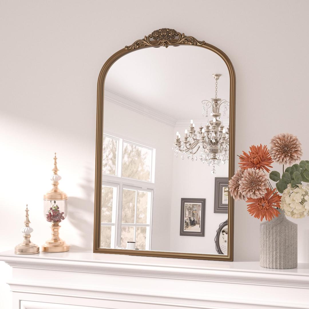 Keonjinn 24x30 Gold Vintage Arched Mirror for Wall, Brass Baroque Mirror