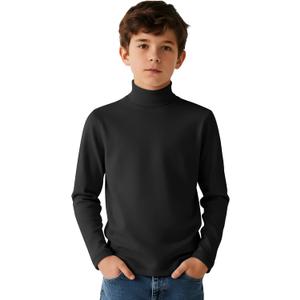 LessonZoo Boy's Long Sleeve Turtleneck Shirt Solid Color Mock Neck Top Soft Stretch Base Layer Tee Warm Casual Basic T-Shirt (13-14 Years, Black)