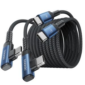 toocki USB C to USB C Charger Cable(10ft, 2Pack), 60W Type C Charging Cord, Right Angle Fast Charging USBC to USBC Cable for iPhone 17 16 15 Pro Plus Pro Max Air/Plus/MacBook Air/Samsung S25 Ultra (Blue)
