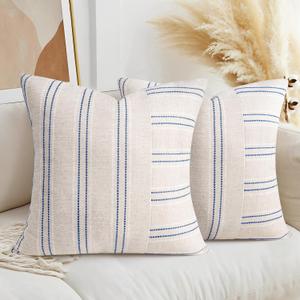 AELS 22x22 Decorative Farmhouse Linen Throw Pillow Covers, Boho Textured Pillow Case, Set of 2,Beige with White & Navy Blue Stripe Patchwork Cushion Cover for Sofa Couch Living Room(Cover ONLY)