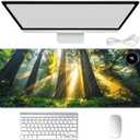 Heated Mouse Pad Hand Warmer, Warm Desk Pad Mousepad Desk Mat with 3 Levels Heating and Auto Shut Down 31.5 x 13 inch PU Leather Warmer Keyboard Mat for Gaming Office Home, Forest Tree Sunshine