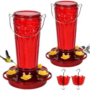 2 Pack Glass Hummingbird feeders for Outdoors 14Ounces5 Feeding Ports Hummingbird Feeder,Wide Mouth for Easy Filling/CleaningHanging for Garden Backyard Decor, Includes Ant Moat (Red2Pack)