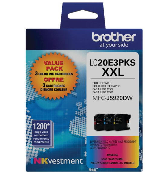 Brother Genuine High Yield Color Ink Cartridge, 3 Pack of LC20E, Replacement Color Ink Three Pack, Includes 1 Cartridge Each of Cyan, Magenta & Yellow, Page Yield Up to 1200 Pages/Cartridge, LC20E