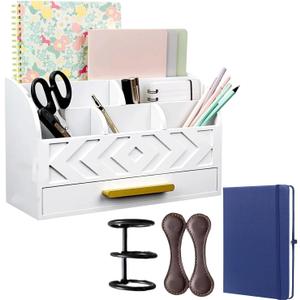 White Wooden Mail Organizer with Drawer  Kitchen Mail Organizer Countertop, Farmhouse Mail Sorter & Bill Holder | Multi-Compartment Desk Organizer for Home Office, Notebooks & Office Supplies