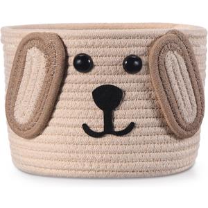 Zopeal Dog Woven Basket, 7.9" D x 6" H Cotton Rope Toy Storage Organizer, Dog Mom Gift Empty, Cute Laundry Puppy Gift Animal Basket for Clothes, Towels, Toy, Laundry, Bathroom, Home(Khaki, Beige)