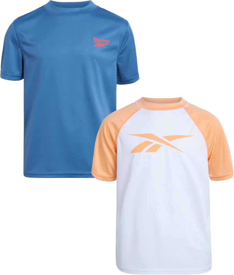 Reebok Boys Swim Shirt - 2 Pack Short Sleeve Rash Guard for Boys UPF 50+ Quick Dry Kids Swimwear Sun Shirt for Summer (8, Orange)