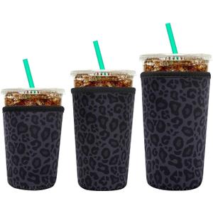 YR Reusable Neoprene Insulator Sleeve for Iced Coffee Cups, 3 Pack Coffee Coolies sleeves for Iced & Hot Drinks, Cold Beverage Cooler Compatible with Starbucks Coffee and More (Black Leopard Print)