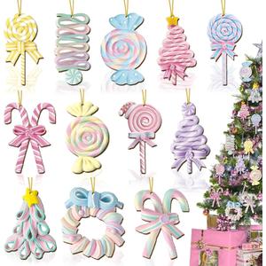 24Pcs Christmas Pastel Candy Ornaments Lollipop Xmas Tree Wooden Ornaments Peppermint Candy Cane Hanging Wood Sign Crafts Reusable Christmas Tree Decor for Holiday Party Home Decor Gifts, 12 Styles