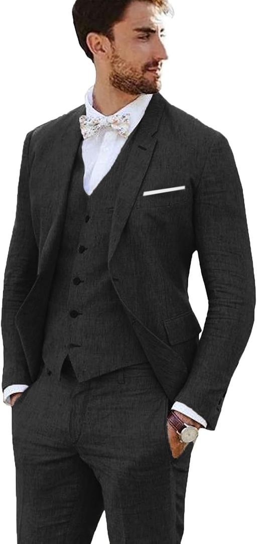 Furuyal Linen Suit 3 Pieces Vintage Retro Wedding Prom Suits Slim Fit Jacket Blazer Groom Tuxedos Medium, Black