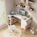 Lufeiya White L Shaped Computer Desk with Drawers & Storage Shelves, 47 Inch Corner Reversible Desk with Power Outlet for Home Office Bedroom, L-Shaped Teen PC Desks with Fabric Drawer, White, 47.2"