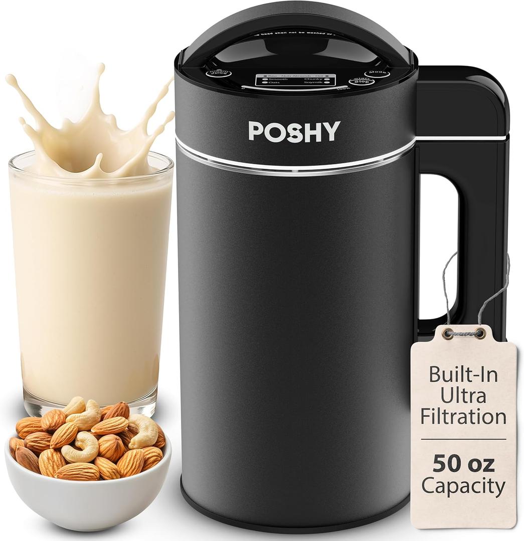 Poshy Nut Milk Maker 50 oz (1.5 L)  Ultra Filtration (No Mesh Bags), Self-Clean, Quiet Motor, Texture Control  Almond/Oat/Soy  Stainless Steel, 120V