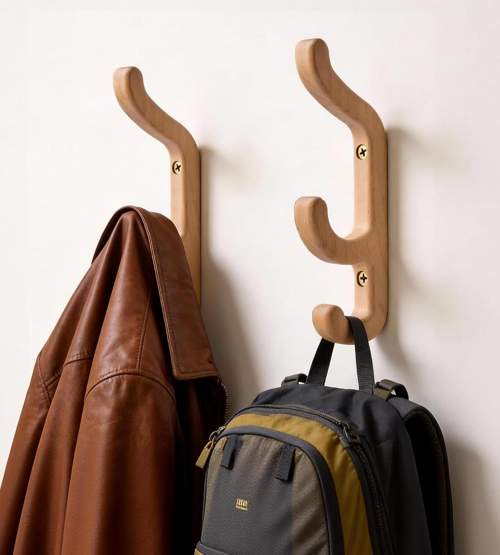 Wooden Wall Hook for Coat and Towel  2 Pack Beech Wood Hooks for Heavy Bags, Towels, Hats & Clothes, WCH3B, Wall Mounted 3 Curved Hooks Design, Modern Home Decor, Patent Pending, Large