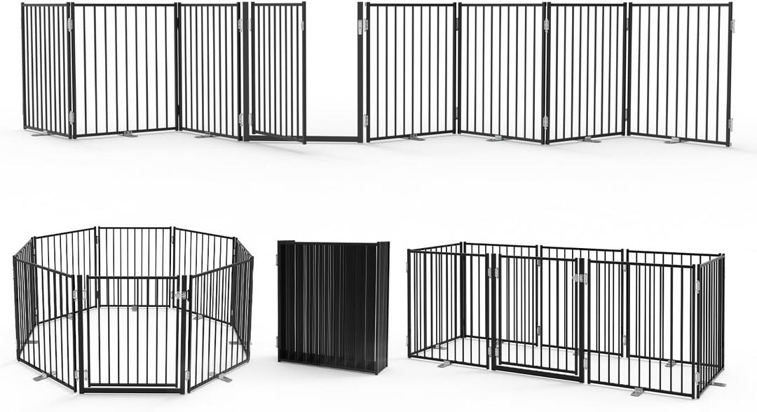 No Pawblems Free Standing Dog Gate with Door, 30'' Tall Foldable Dog Fence for Indoor & Outdoor, Up to 208 Inch Extra Wide Pet Gate for Yard, Deck, Doorways, Stairs, Hallways (Black, 8 Panels)