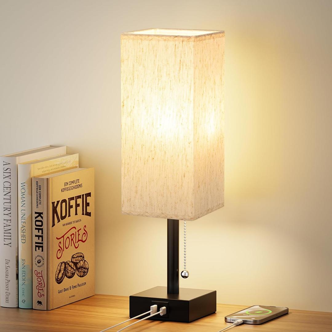 aooshine Pull Chain Small Table Lamp - 3 Color Temperature Bedside Lamp for Bedroom with USB Port, Minimalist Nightstand Lamp with Black Base, Desk Lamp for Kids Room Dorm, Bulb Included