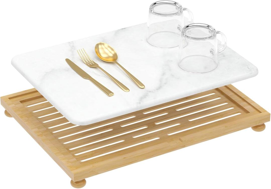 Golener Stone Drying Mat for Kitchen Counter, Diatomaceous Earth and Bamboo Rack, Multi-purpose Quick Drying Mat Rack, 16”x12”, Marble White