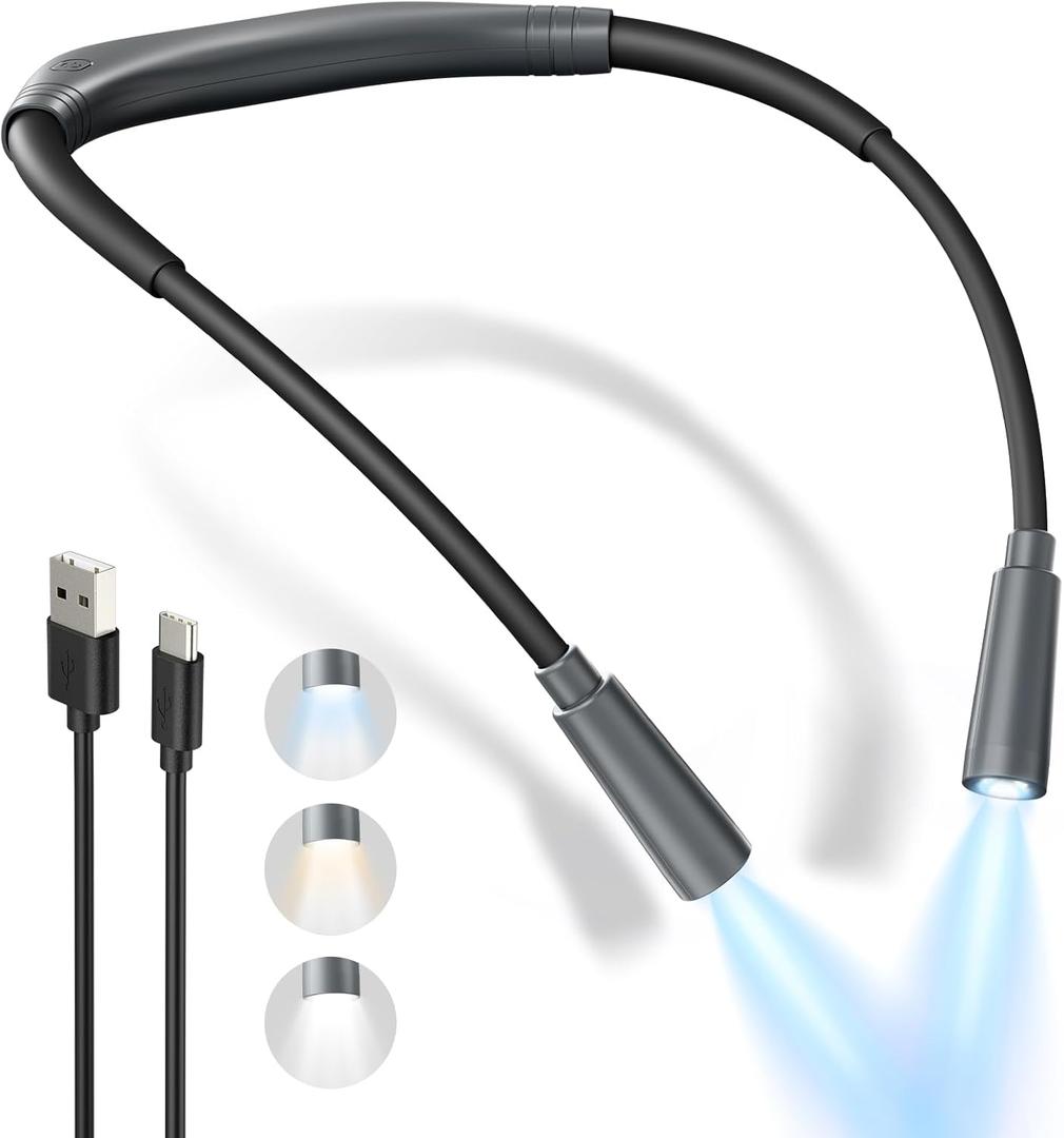 Book Light, 3-Color and Brightness Adjustable Reading Light, Rechargeable and Bendable Round Neck Design, 100hrs Runtime, Perfect Reading Lamp Gifts for Books Lovers, Knitting,Repairing,Working (Gray)